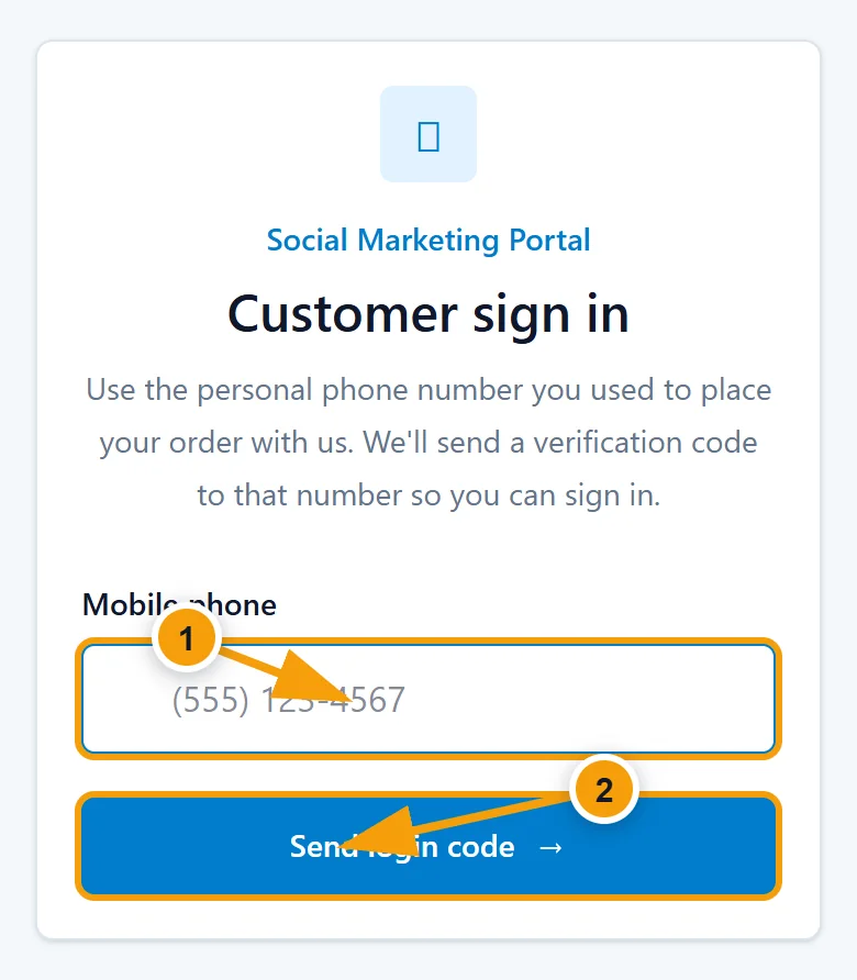 Demo customer sign-in screen with the phone field and Send login code button highlighted