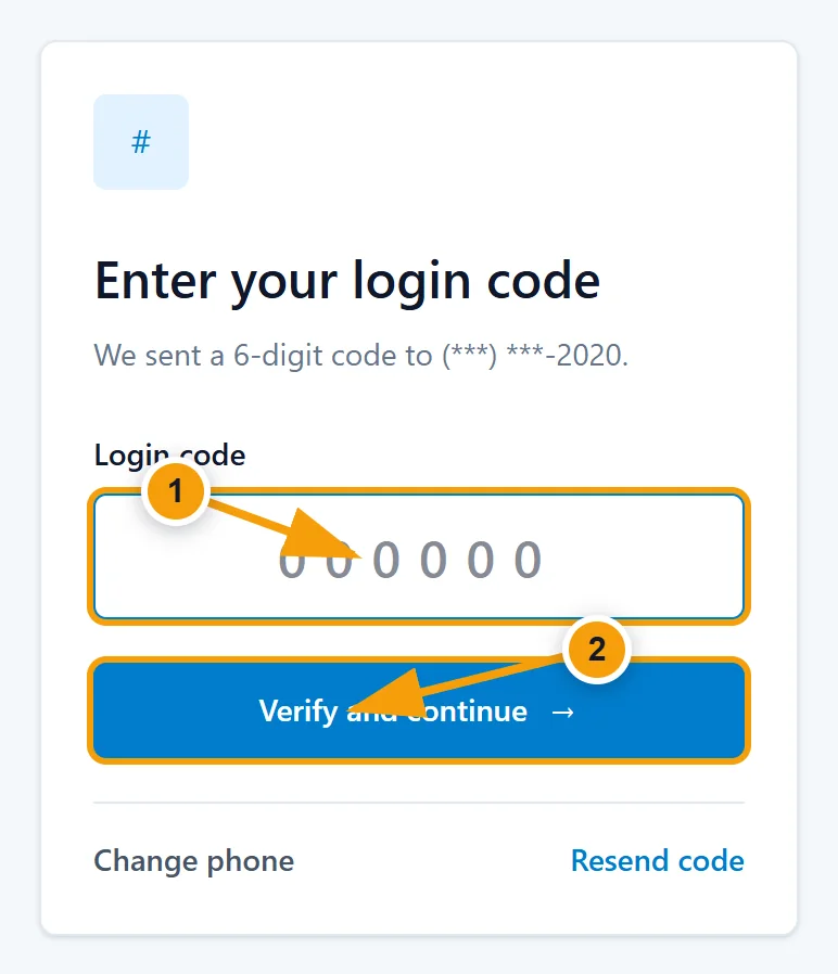 Demo verification screen with the six-digit code fields and Verify and continue button highlighted