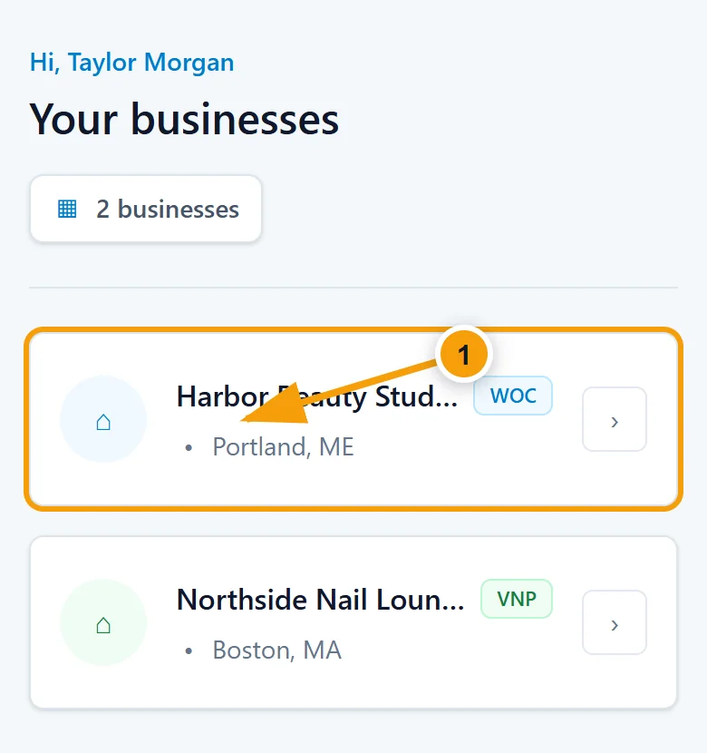 Demo business selection screen with a business card highlighted