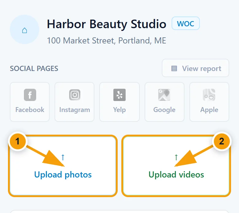 Demo business screen showing Upload photos and Upload videos buttons