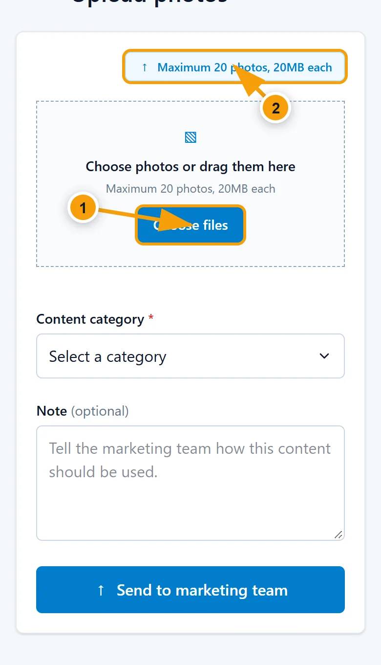 Demo upload screen with the current limits and Choose files button highlighted