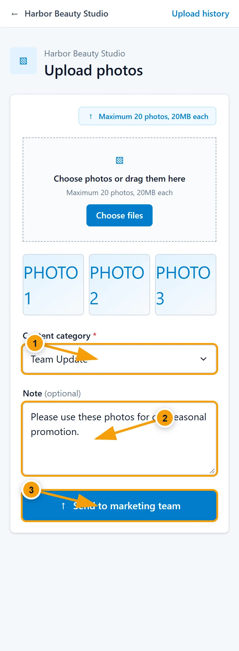 Demo upload form with selected files, Content category, Note, and Send to marketing team button highlighted