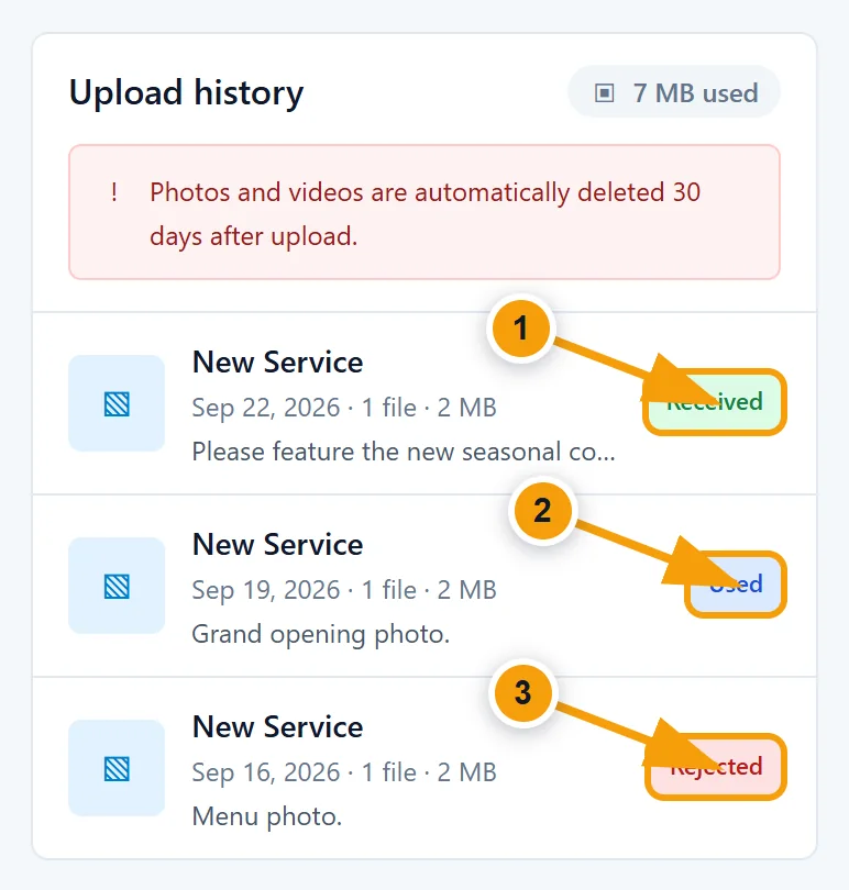 Demo Upload history screen showing an uploaded submission and its status